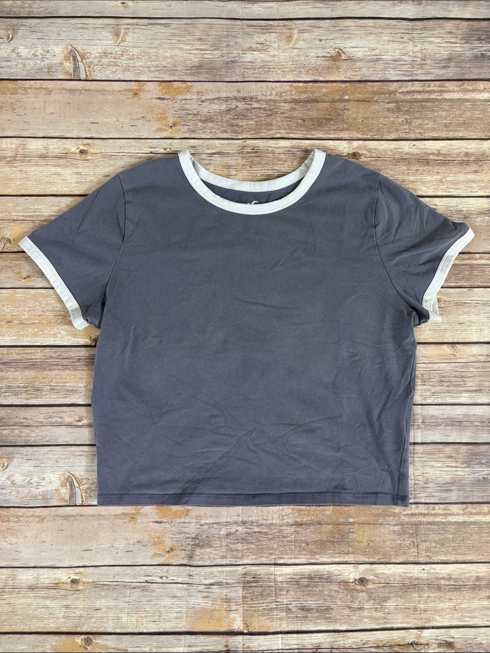 Hollister Blue Gray Crop Top with White Contrast Trim, Large